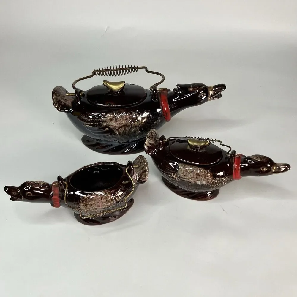 5 Piece VTG Redware Ceramic Duck Tea Set Teapot Cream Sugar Japan W/ Lids Animal